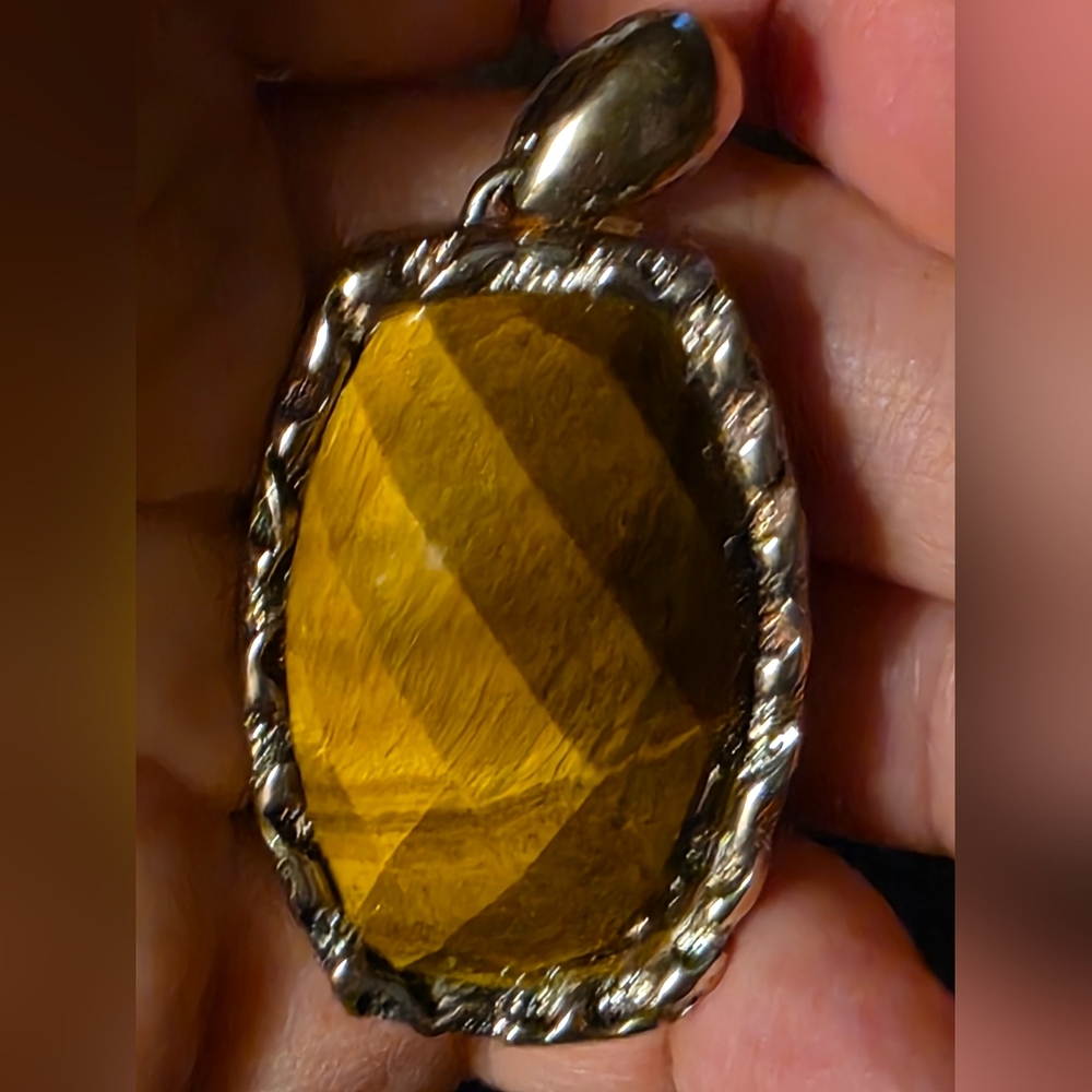 Large Tiger Eye Pendant - Faceted Stone - 925 Sterling Silver Stamped